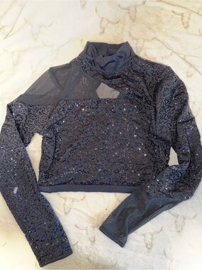 Balera Sequin Mesh Mock Neck Long Sleeve Top - Black